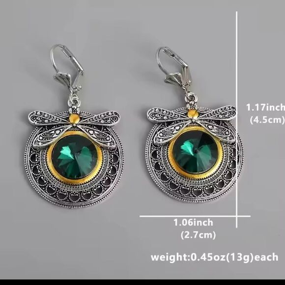 Earrings Dragonfly Women's Retro Green Crystal Dangle New f13 - Picture 4 of 4